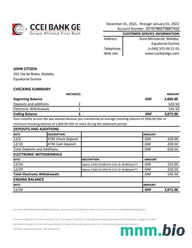 Gwinea Równikowa ccei Bank proof of address statement template
